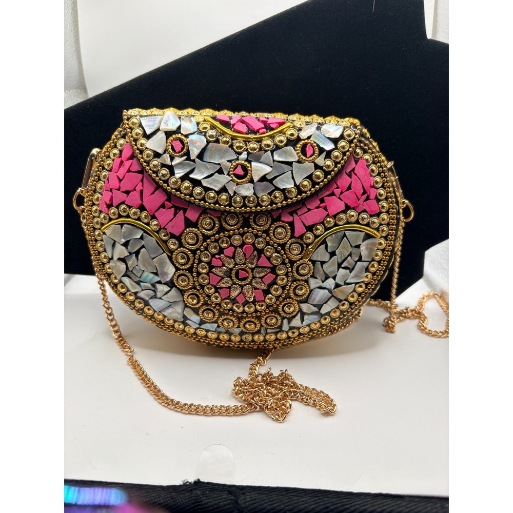 Ramla BOHO Mosaic Shell Clutch - Gold & Pink Inlay Statement Purse